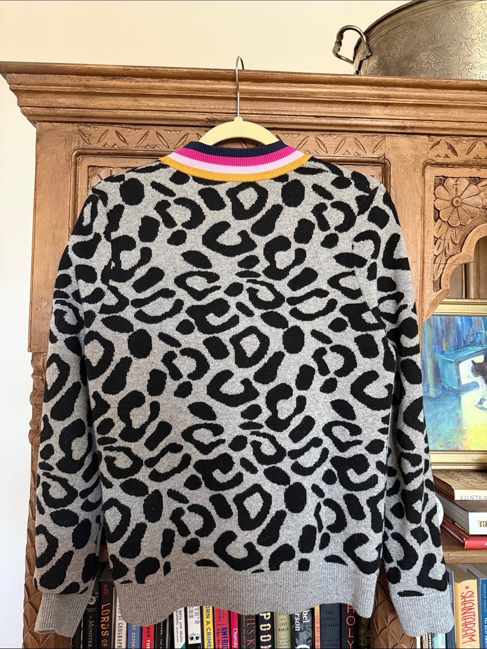 KULE Black and Gray Leopard Cardigan with Pink and Yellow Trim - Picture 4 of 5
